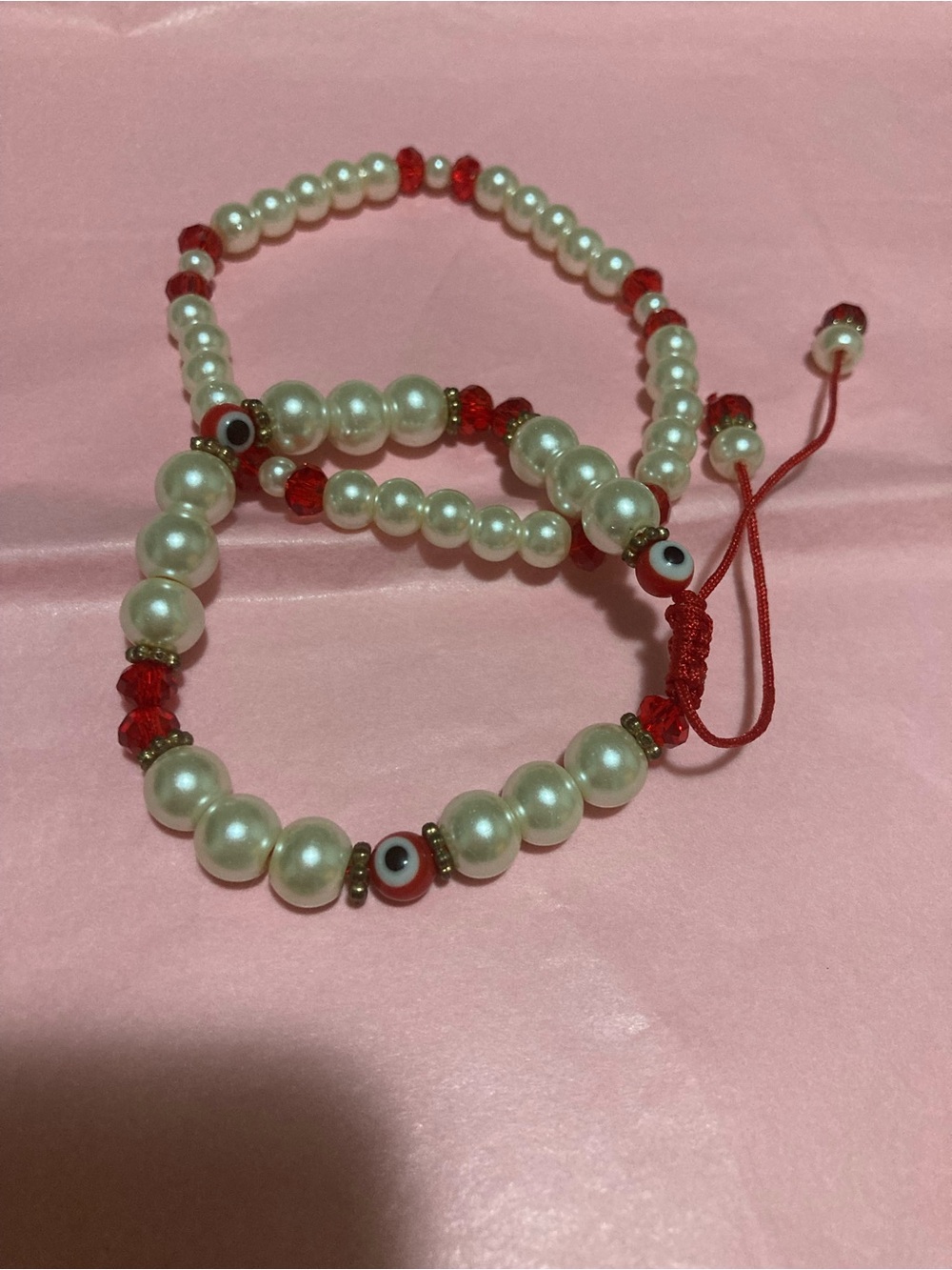 Pearl & Red Crystal Beaded Bracelet with Evil Eye Accent